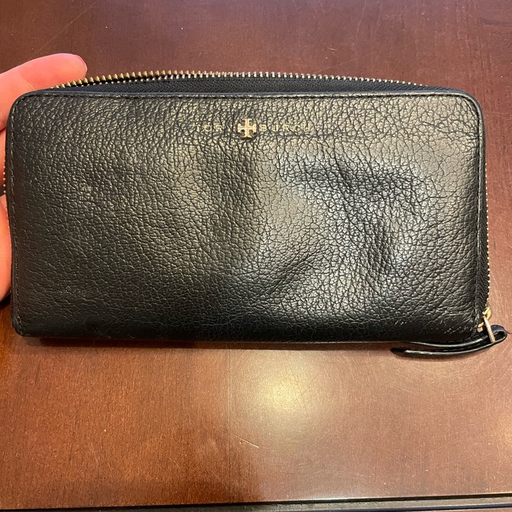 Black Leather Tory Burch Wallet with Gold Trim